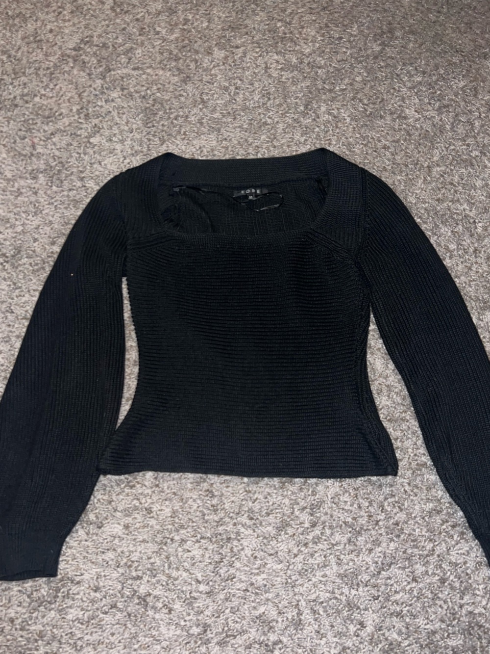 Black Square Neck Ribbed Knit Long-Sleeve Top